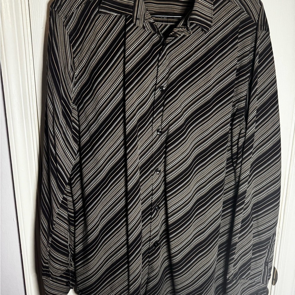 Perry Ellis Brown, Tan and White Striped Casual Button Down Shirt